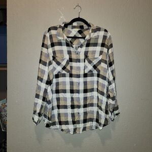 Khakis & Co Brown Black White Plaid Long Sleeve Button Front Top | 3XL